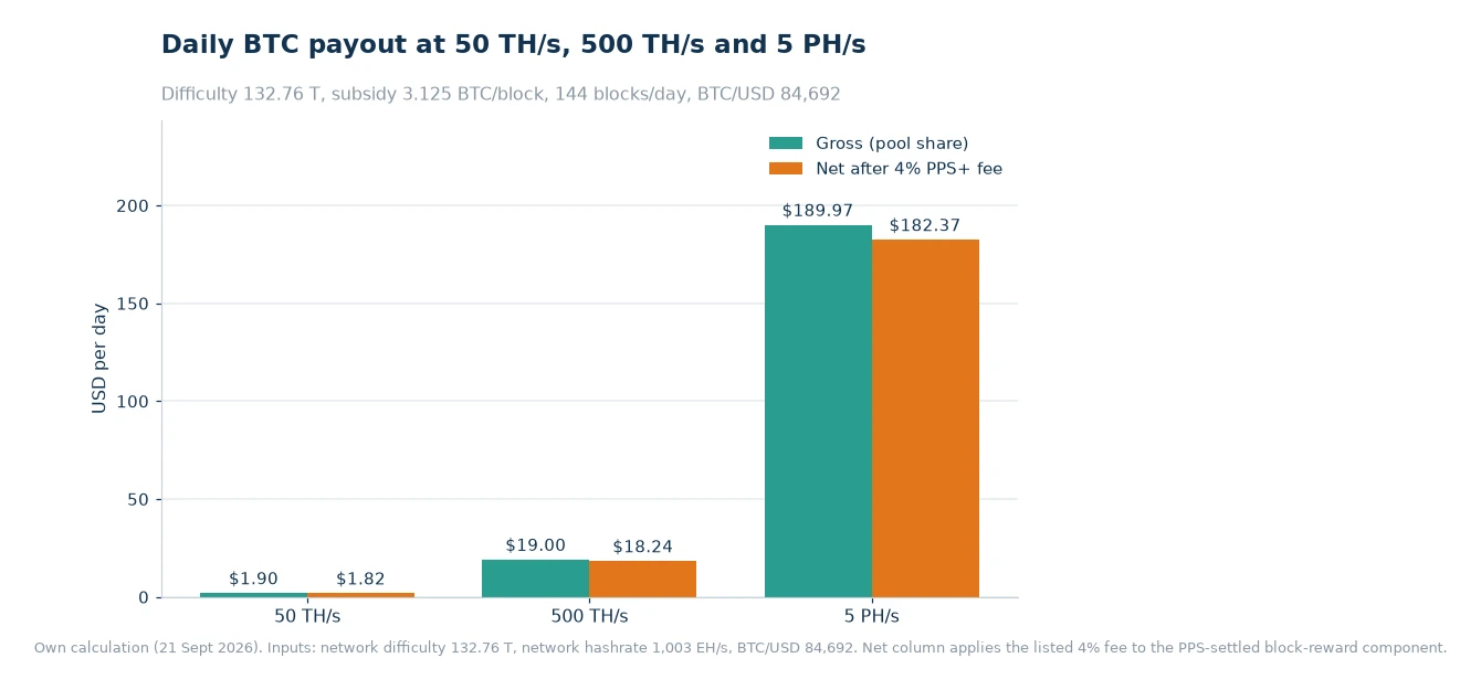 Bar chart of gross and net daily USD mining income at 50 TH/s, 500 TH/s and 5 PH/s